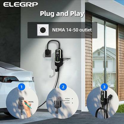 ELEGRP Level 2 EV Charger for Home, 40 Amp, ETL Certified, PBE & LCD Technology, 25ft J1772 Cable with NEMA 14-50 Plug, Plug and Play, 240V for BEVs/PHEVs
