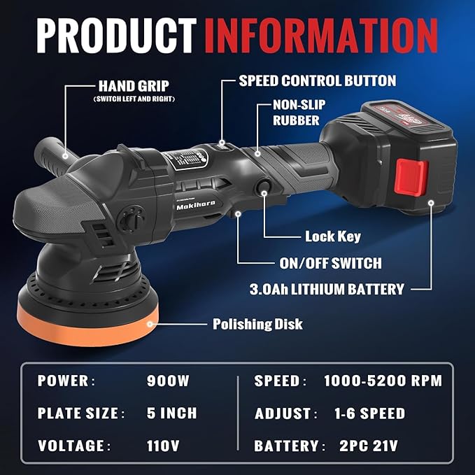 Cordless Buffer Polisher, 5 Inch Random Orbital Car Polisher Waxer, 6 Variable Speed 1000-5200 RPM, 21V 3.0Ah Batteries , 28Pcs Polishing Kit,for Car Polishing, Waxing, Boat Sanding, Scratch Removing