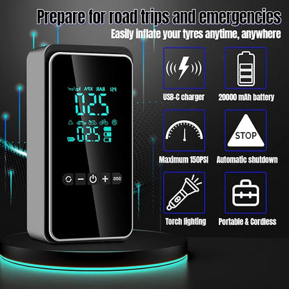 Tire Inflator Portable Air Compressor with Tire Repair Kit, 150PSI & 3X Faster Cordless Tire Pump with LCD Dual Display for Car, Bike, Motorcycle, Ball