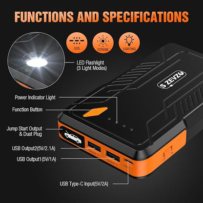S ZEVZO Jump Starter 1000A Peak Portable Jump Starter for Car (Up to 7.0L Gas/5.5L Diesel Engine) 12V Auto Battery Booster Pack with Smart Clamp Cables, USB Charge, LED Flashlight Jump Box