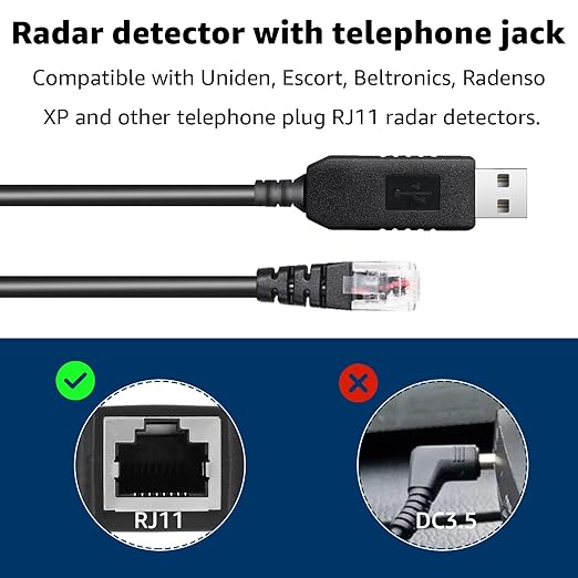 3.3Ft Radar Detector Cable - USB to RJ11 Plug Cable for Escort Radenso XP Uniden Beltronics Cobra Whistler - Premium Replacement Power Cord for Radar Detectors - Durable USB to RJ11 Connection