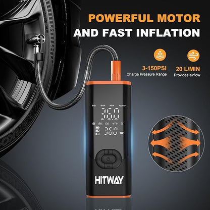 HITWAY Portable Electric Inflator Pump Supports up to 150PSI, fast inflation, suitable for car, motorcycle, bicycle tires and sports equipment, LCD display screen, USB charging, built-in LED light