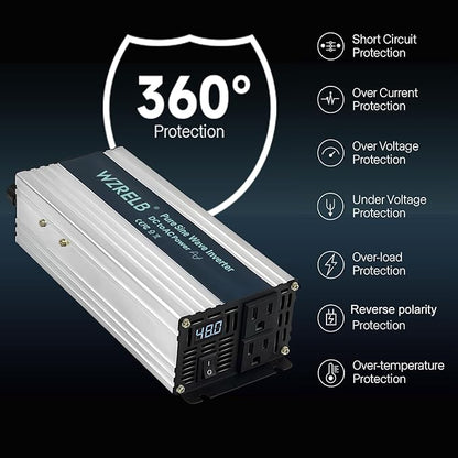 WZRELB 1200W Pure Sine Wave Inverter 48V DC to 110V 120V AC Power Converter with LED Display, Off-Grid Portable Power Inverter with 2 AC Outlets for Home, RV, Truck, Camping