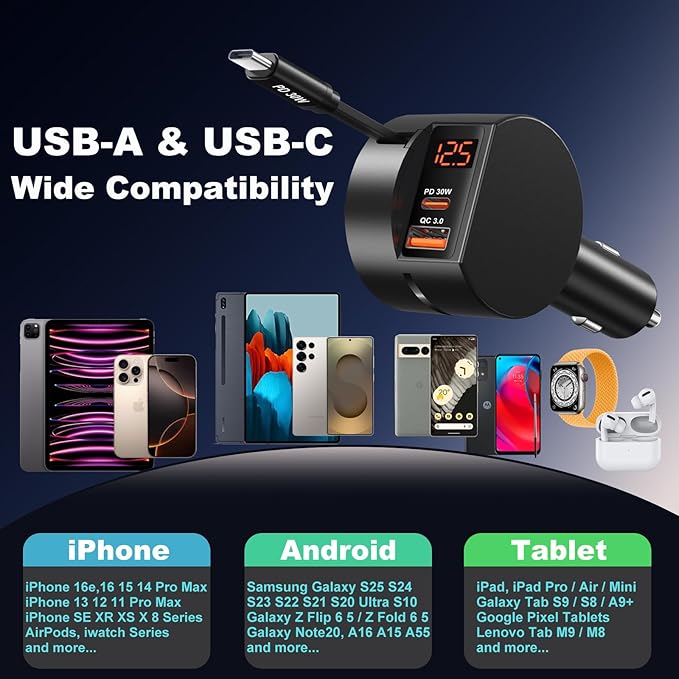 Retractable USB C Car Charger with Cord, OKRAY 78W 3-Port 12v Cigarette Lighter Adapter PD30W Fast Charging Samsung Car Charger & Coiled USB C Cable for Samsung Galaxy S25 S24 A16,iPhone 16 15 Pro Max