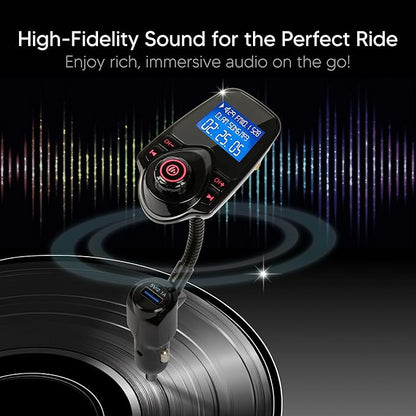 ONN Upgraded 2025 Car Bluetooth FM Transmitter – 1.44" Display, Flexible Gooseneck, Hands-Free Calls, Wireless Music Player, Radio Adapter, USB Charger, Micro SD Card & AUX Support