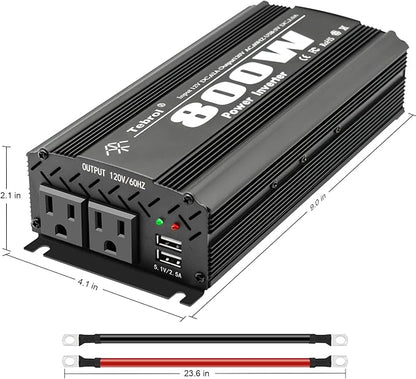 800W Power Inverter DC 12V to AC(2 Outlets) 110V Car Inverter Adapter Converter with 2.1A Dual USB Charging Ports for RV Camping Travel