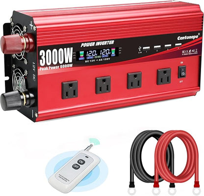 3000W Power Inverter 12V to 110V/120V DC to AC with LCD Display, Remote Controller 4 x AC Outlets and 4 x 3.1A USB Car Adapter for Car Truck Boat RV Solar System