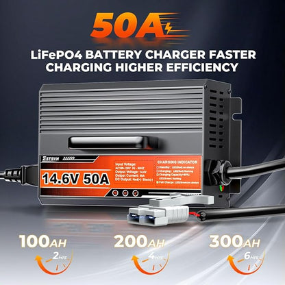 50A 14.6V LiFePO4 Battery Charger 12V Lithium Battery Smart Charger Fast Charging with Anderson Connector AC-DC Trickle Charger for Deep Cycle Rechargeable Batteries of RV Boat Car Marine