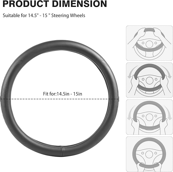 【2025 Model】 Real Cowhide Steering Wheel Cover for Men Women，Gray Genuine Leather Steering Wheel Cover for Cars,Universal 14.5-15 inch Steering Wheels,Grid & Square Motif