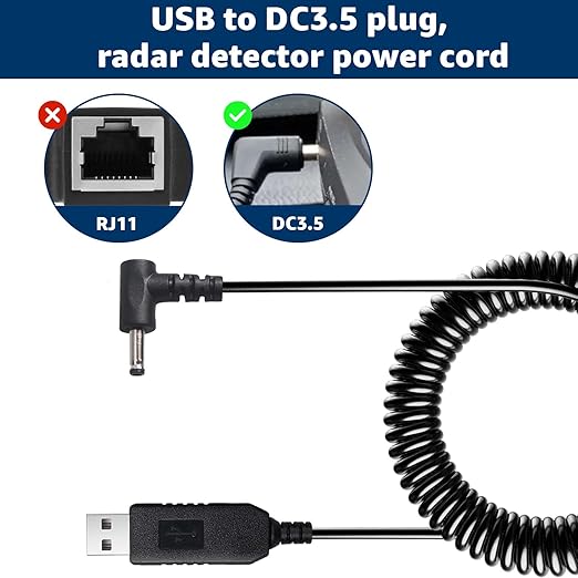 USB to DC3.5 Plug Radar Detector Power Cable, USB 5V-12V Power Cable Compatible with Cobra RAD 480i, 350, 380, Uniden DFR1, DFR3, DFR5, Whistler, & Radenso Pro M Radar Detectors (8.2FT Length)