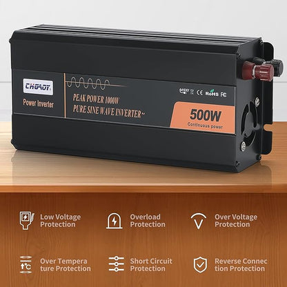 500W Pure Sine Wave Inverter 12V DC to 120V AC Converter for Home, RV, Truck, Off-Grid Solar Power Inverter with Built-in 5V/2.1A USB, Reliable Cable, Remote Controller