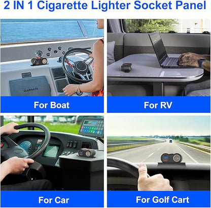 2-in-1 Surface Mount 12V USB Outlet Cigarette Lighter Socket, PD 30W and QC18W Car USB Port Car Charger with Button Switch LED Voltmeter and 120W Socket, Suitable for Cars, Boats, RVs and ATVs