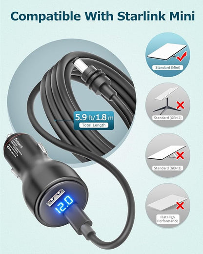 Starlink Mini USB C Power Cable 5.9FT 3 in 1 Starlink Mini Car Adapter DC Power Cable and Car Charger Smart Boost 12V to 20V/100W with Digital Display Durable USB C PD 100W and USB A 18W Port 1.8M