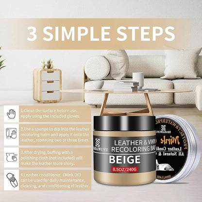 8.5oz Leather Recoloring Balm with 100ml Mink Oil,Beige Leather Repair kit for Furniture and Car Interior,Leather Couch Scratch Repair,Leather Dye Paint,Mink Oil for Leather