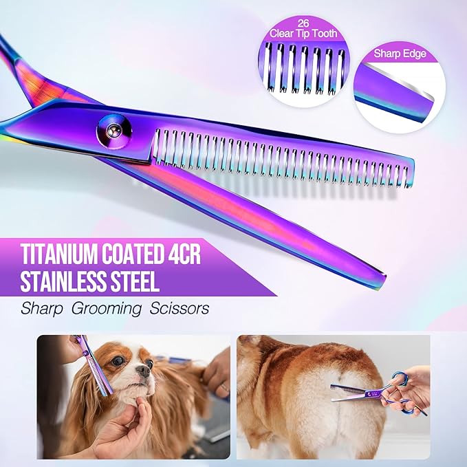 Gimars Dog Grooming Scissors Kit Professional 4CR with Safety Round Tip, 5 in 1 Heavy Duty Titanium Coated Thinning & Curved & Straight Shears