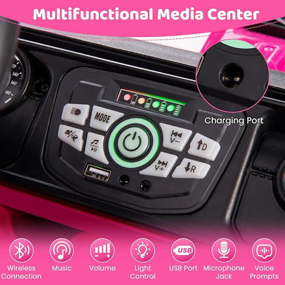 Costzon Kids Ride on Truck, 12V Electric Ride on Car with Remote Control, 3 Speed & Spring Suspension, Wireless Connection, USB, Music, Light, Kids Ride on Toys for Boys Girls (Pink)