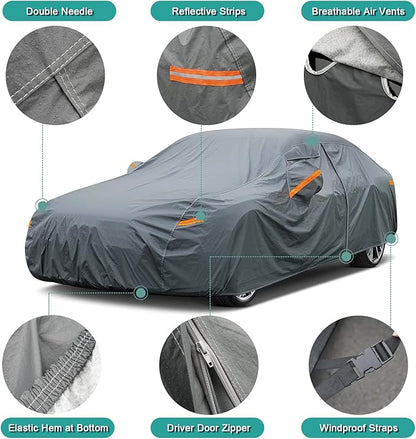 16 Layers Car Cover Waterproof All Weather, Heavy Duty Full Exterior Cover Universal Fit Sedan Toyota Corolla/Prius, Honda Civic, vw Jetta, Kia Forte, Nissan Sentra, Hyundai Elantra etc.