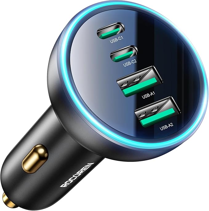 70W USB C Car Charger, Rocoren 4-Port PD Super Fast Charging Type C Car Charger for Multiple Devices, Cigarette Lighter Adapter, USBC Phone Adapter for 17 iPhone 16/16e/15 Pro Max, Samsung S25, Piexl