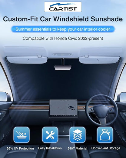 Windshield Sun Shade Custom Fit for Honda Civic 2022-2025 2026, Sunshade for Civic Accessories Foldable Car Front Window Sun Visor