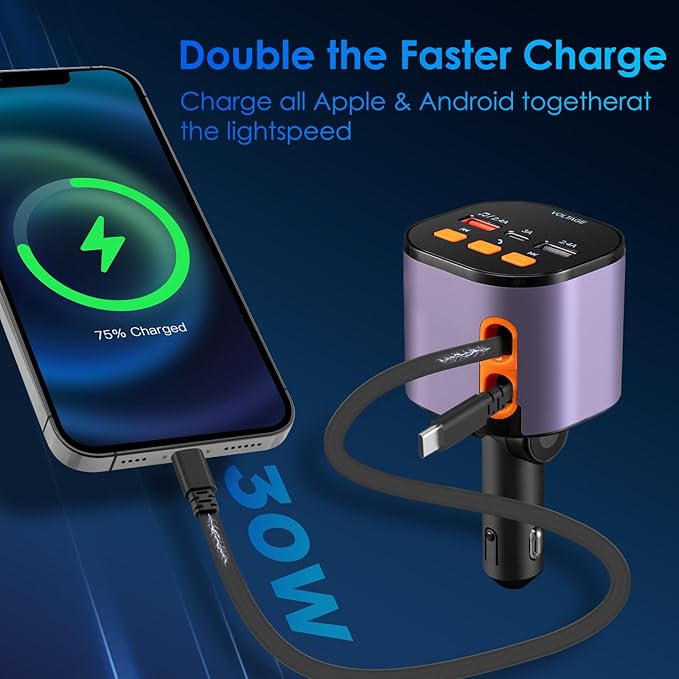 Retractable Car Charger,5 in 1 Fast Car Phone Charger 90W,Bluetooth 5.3 FM Transmitter Adapter,Handsfree Call,2 Retractable Cables and USB Cars Chargers for iPhone 15/14/13 (Purplr)