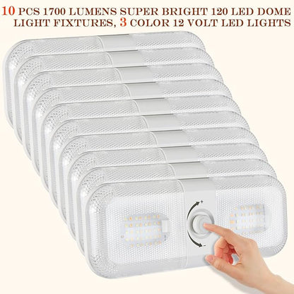 Retisee 10 Pcs RV Lights Interior 1700LM, 3 Color 12V RV LED Dome Lights Ceiling Double Lights Fixture with ON/Off for Camper/Car/Trailer/Boat, 2700-6700K