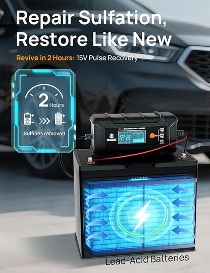 DC HOUSE 5A Battery Charger, 12V Smart Lithium Battery Charger for LiFePO4 & Lead Acid, Trickle Charger Maintainer and Desulfator for Car, Motorcycle, Automotive Batteries
