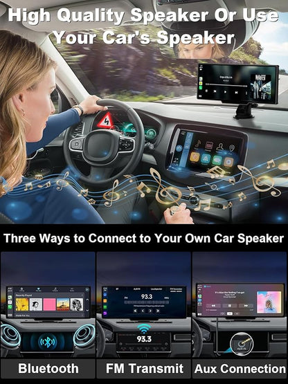 Portable Carplay Screen 10.26'' HD IPS Apple Carplay & Android Auto Screen for Car, Wireless Car Play Stereo with 4K Dash Cam/1080P Rear Camera, Car Audio Receivers,GPS Navigation,Mirror Link,FM,Siri