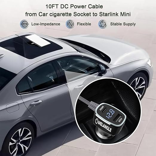 3 in 1 Car Power Cable for Starlink Mini Cigarette Lighter Adapter, Car Charger for Mini Starlink DC Power Cable with Digital Display, Durable & High Speed Charging USB A/USB C Port (3M/10FT)