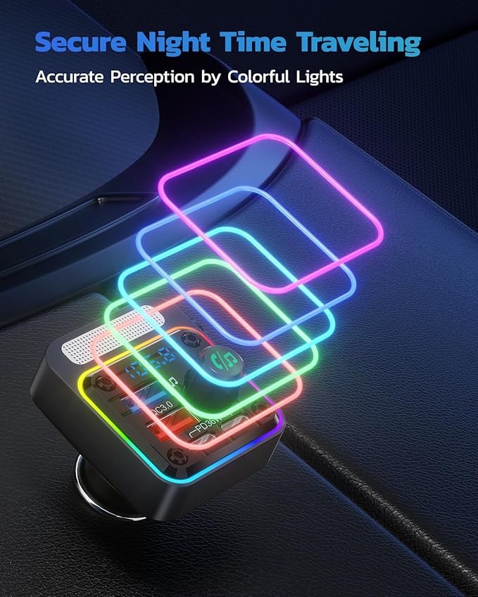 Nulaxy 54W Bluetooth 5.3 Car Adapter Charger 4-Port Fast Charging [PD36W & QC3.0 18W], Wireless Radio FM Transmitter with Deep Bass Player, 5 Colors LED Backlit, Hands-Free Calling, Support USB Drive