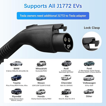 Portable Level 1&2 EV Charger, 16Amp Adjustable Current, Wallbox for Home/Travel, 110V/240V, NEMA 5-15&6-20 Plugs, 24.99FT Cable, Compatible with J1772 Electric Cars, Tesla Needs Adapter
