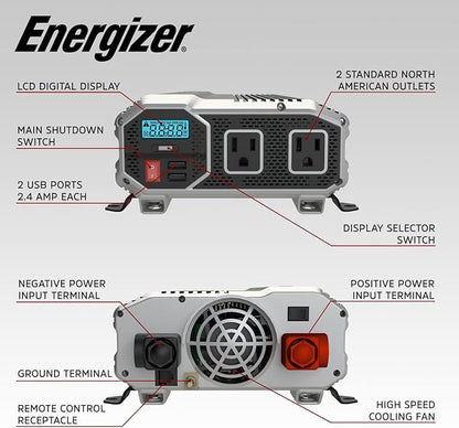 Energizer 1100 Watts Power Inverter Modified Sine Wave Car Inverter, 12V to 110 Volts, Two AC Outlets, Two USB Ports (2.4 Amp) and Battery Cables Included – ETL Approved Under UL STD 458