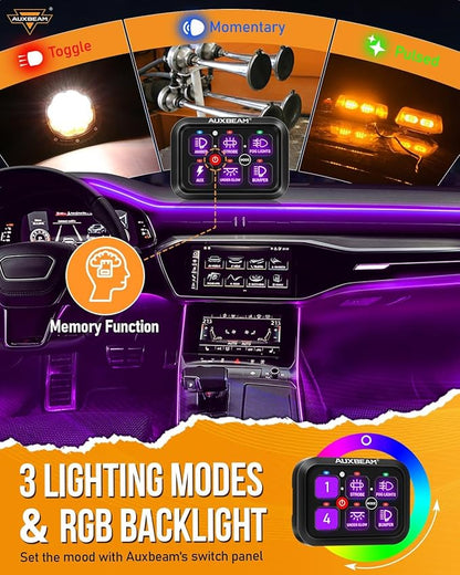 Auxbeam RGB 6 Gang Switch Panel RA60 Auto-Dimmable Switch Panel w/Momentary Toggle Pulsed Memory Function, 12-24V Switch Panel for Truck UTV Car Boat Waterproof, 2-Year Warranty