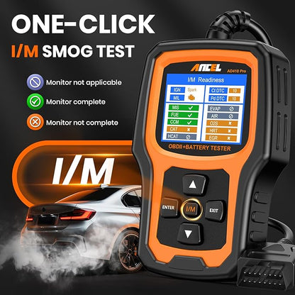 ANCEL AD410 PRO OBD2 Scanner and Battery Tester,2-in-1 Car Diagnostic Tool,Check Engine Light,EVAP Test,Live Data,6V/12V Battery Analyzer with Cranking & Charging System Test for Car Motorcycle