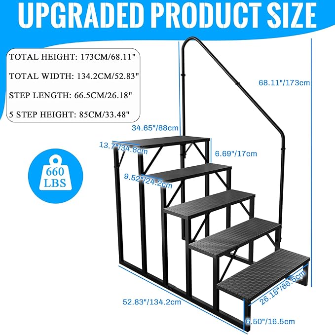 RV Stairs 5 Step, RV Steps Anti-Slip, Hot Tub Steps with Handrail, 660 lbs Hot Tub Steps Step Ladder for 5th Wheel RV, Mobile Home Stairs, REL-0402