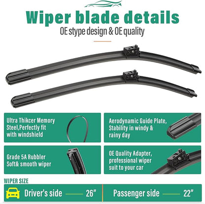 26" 22" 11" Windshield Wiper Blades Replacement for Mercedes-Benz GLS450 GLS580 GLS63 AMG 2020 2021 2022 2023 2024 GLS 450 580 63 AMG Premium All Weather Front Rear Wipers Set - OEM Quality(Pack of 3)