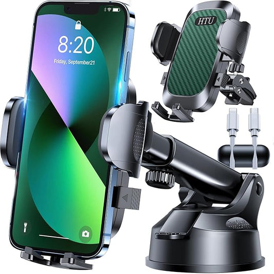 HTU [True Military-Grade] 2025 Upgraded Car Phone Holder 【Safety Certs & No Smell】 Cell Phone Holder for Car Mount for Dashboard Windshield Air Vent Long Arm Thick Case,Green