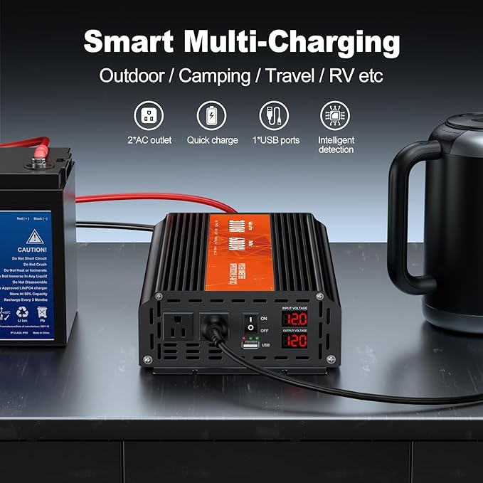 3000W Power Inverter,Peak Power 6000W 12V DC to AC 110V120V,Remote Control with 2AC Outlets and 2.4USB Port,LCD Display for Power Converter,Outdoor Activities,Emergency,Vehicles Truck RV Solar System