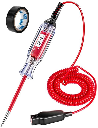 Heavy Duty 3-48V Automotive Circuit Tester with Backlit Digital LCD Voltage Display, DC Test Light with 140 Inch Extended Spring Wire, Car Truck Battery Tester with Stainless Probe