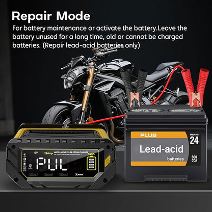 Battery Charger 0-26A 6V/12V/24V Lithium LiFePO4 Lead Acid, Fully Automatic Car Battery Maintainer, Smart Trickle Charger, Automotive w/Pulse Repair for AGM, STD, Gel, Deep Cycle Batteries ﻿