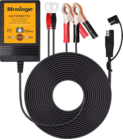 MBC015, 6V / 12V 1.5A Fully Automatic Trickle Battery Charger/Maintainer for Automotive Vehicle Motorcycle Lawn Mower ATV RV Powersport Boat, Sealed Deep-Cycle AGM Gel Cell Lead Acid Batteries