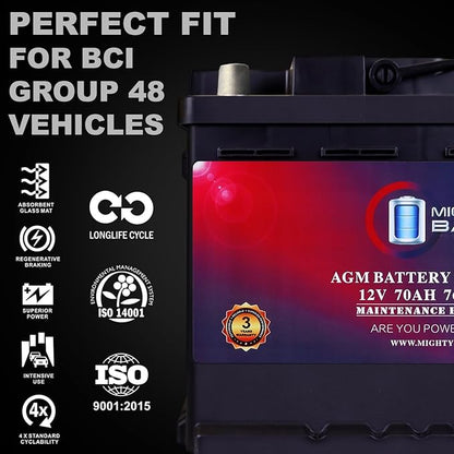 Mighty Max Battery MM-H6 Start and Stop Car BCI Group Size 48 12V 70 AH, 120RC, 760 CCA Rechargeable AGM Car Battery