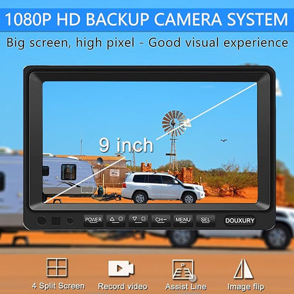 Backup Camera System with 9'' Quad Split 1080P Monitor for RV Trailer Semi Truck Camper Bus & 4 AHD Rear Side View Camera with DVR Record Function Night Vision IP69 Waterproof Avoid Blind Spot DOUXURY