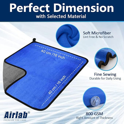 Airlab Microfiber Towels for Cars Wash Drying Thick Plush Cleaning Cloth Auto Detailing Super Absorbent for Interior & Exterior Lint Free, Streak Free, 16" X 16", 800 GSM, Pack of 4