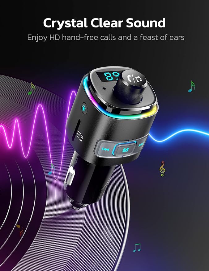 Nulaxy Bluetooth FM Transmitter, QC3.0 Fast Charge Bluetooth Car Adapter, Wireless Radio Car Kit with 7 Color LED Backlit, USB Flash Drive, microSD Card, Glossy Black