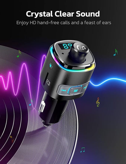 Nulaxy Bluetooth FM Transmitter, QC3.0 Fast Charge Bluetooth Car Adapter, Wireless Radio Car Kit with 7 Color LED Backlit, USB Flash Drive, microSD Card, Glossy Black