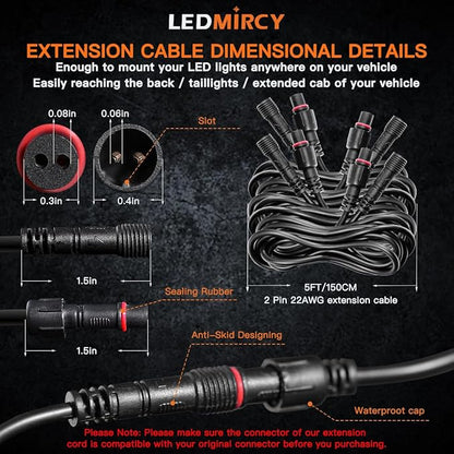 LED Rock Lights Extension Cable Wire Cord 2Pin Waterproof 4PCS 5ft 22AWG with Male to Female Connectors 11mm Nut Size for Wheel Lights Spot Flood Light Driving Fog Light for Truck