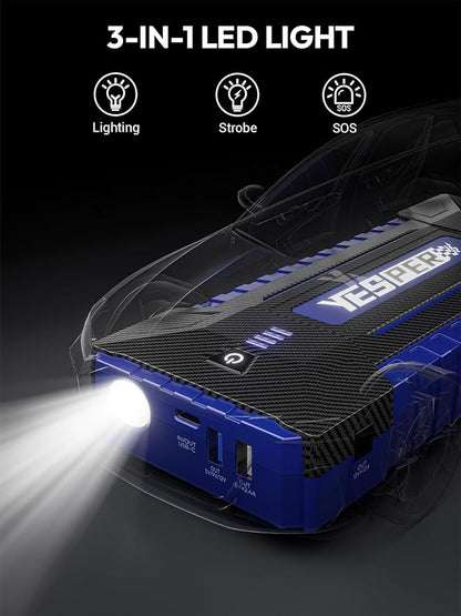 YESPER 2160A Car Jump Starter Portable，Battery Jumper Booster Pack, Boost Jump Box for Most 12V Vehicle (Up to 9.0L Gas/7.0L Diesel Engine), DSLI Safe Tech, PD 15W Fast Charge & DC 15V Port