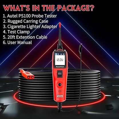 Autel PowerScan PS100 Circuit Tester, Universal 12V 24V Automotive Power Circuit Probe Kit with 20ft Extension Cable, AC/DC/Continuity/Probe/Signal Test, Activate Component Electrical System Tool