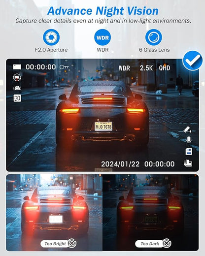 Dash Cam Front and Rear 2.5K/1440P, 3 Channel Dash Camera for Cars Dash Cam Front Rear and Inside with 32GB Card, 3.16" IPS Screen, G-Sensor, Loop Recording, Night Vision, Parking Mode