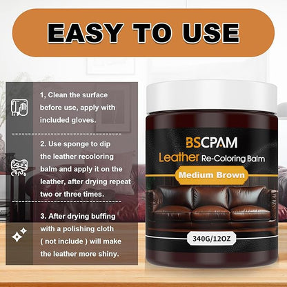 Medium Brown Leather Recoloring Balm, 12oz Leather Color Restorer for Couches, Leather Repair Kit for Furniture, Leather Dye for Leather Fade, Leather Repair Restore car seat